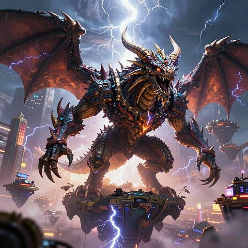 Digital art of a massive, black-scaled, dragon-like monster with glowing blue eyes, horns, and wings, standing on a futuristic city platform,