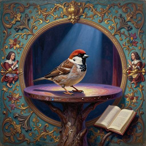 Digital painting of a red-capped bird on a wooden pedestal, illuminated by a spotlight, surrounded by ornate floral frame, with two cherubic figures
