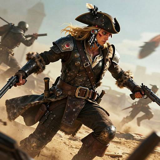 Digital art: Action-packed scene of a fierce, blonde-haired pirate woman in black, fur-trimmed coat and tricorn hat, wielding dual pistols