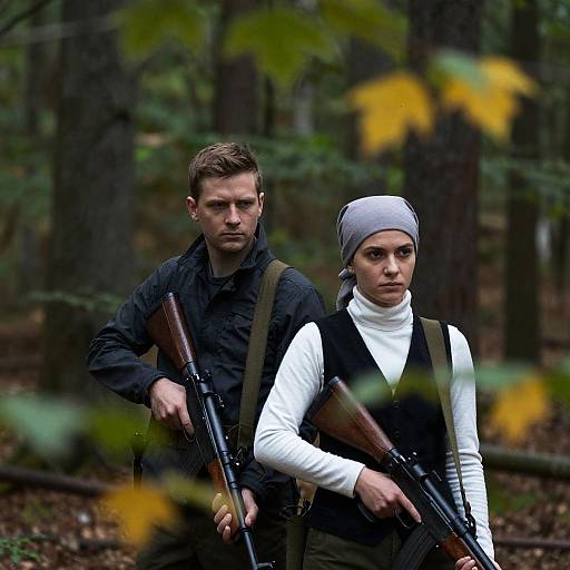 Two People Holding Rifles in Forest