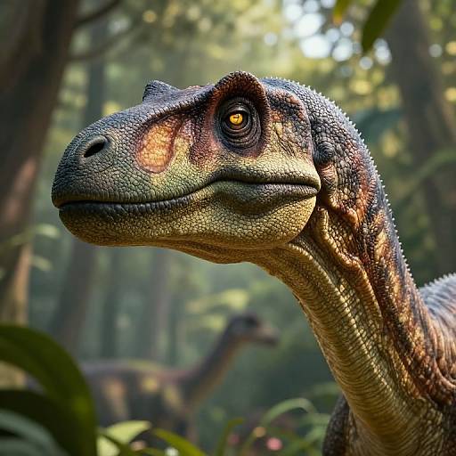 Photorealistic CGI of a close-up, detailed dinosaur head with orange eye markings, textured skin, and a blurred forest background.