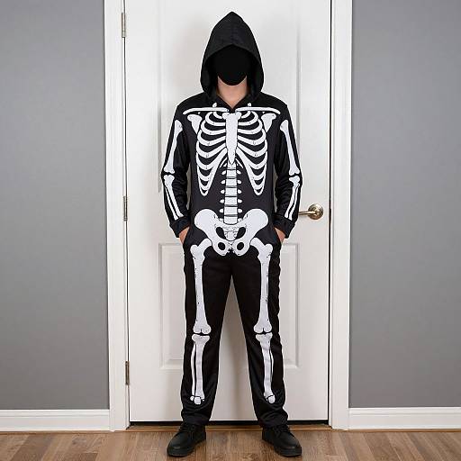 Photograph of a person wearing a black hoodie and black skeleton-print onesie, standing against a white door in a gray-walled room with wooden flooring