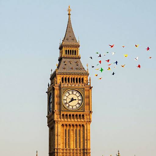 Photograph of the London Big Ben clock tower with a clear blue sky, golden sunlight, and colorful birds flying to the right.