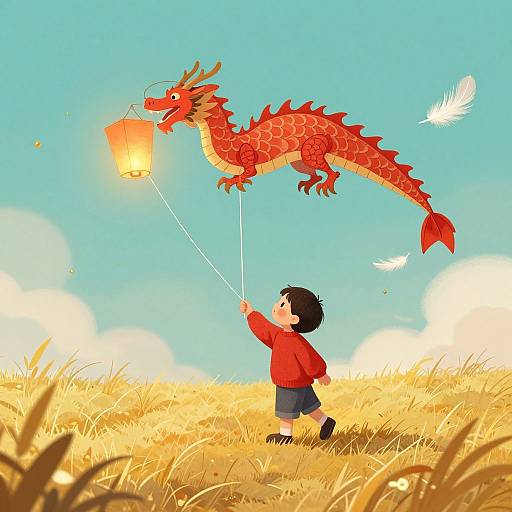 Digital illustration of a young boy in a red sweater flying a red dragon with a lantern in a sunny, golden field. White birds fly in the bright