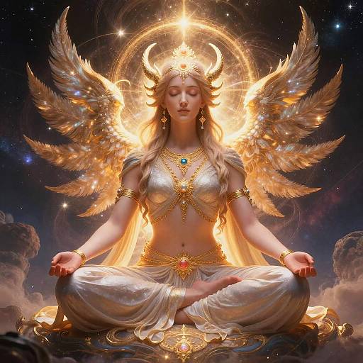 Digital art of a serene angelic woman with golden wings, wearing a white and gold outfit, seated in lotus position, glowing halo, celestial background