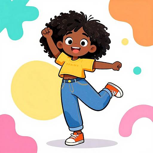 Cartoon-style drawing of a happy dark-skinned girl with curly black hair, wearing a yellow crop top, blue jeans, and red-white sneakers,