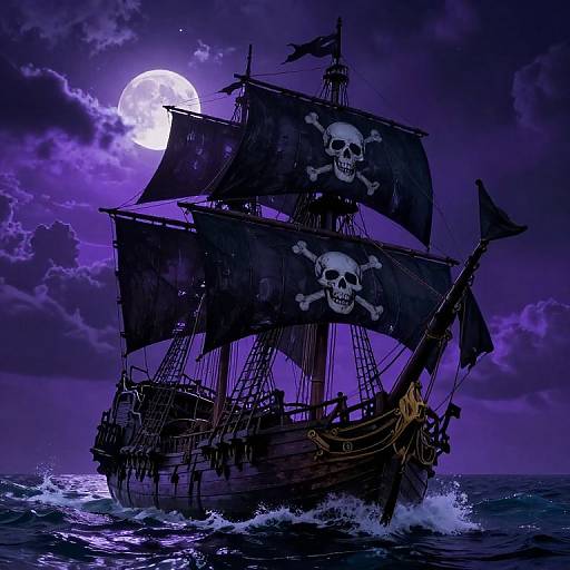 A dark, stormy night scene of a pirate ship with black sails bearing skull and crossbones, sailing under a full moon.