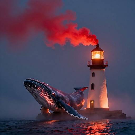 Photograph of a glowing lighthouse with red smoke, illuminated by an erupting whale crashing onto the rocky shore at night.