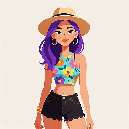 Digital illustration of a smiling woman with purple hair, wearing a straw hat, colorful floral crop top, black shorts, hoop earrings, and bracelets, standing