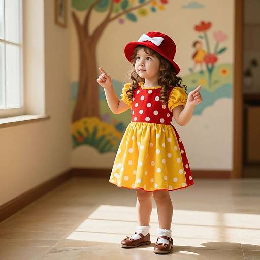 Photograph of a curly-haired toddler girl in a red polka-dot dress and yellow polka-dot skirt, wearing a red hat, yellow socks,