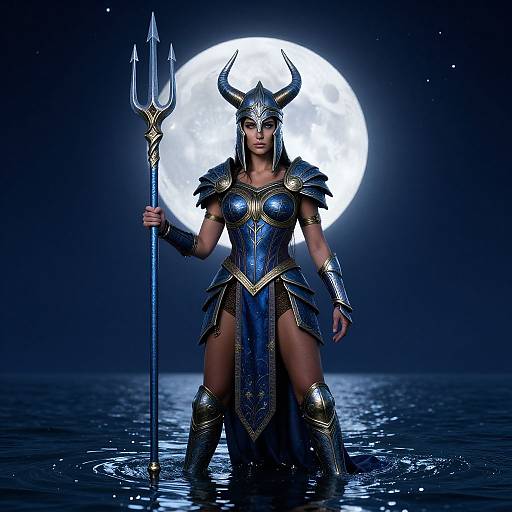Digital artwork of a powerful warrior woman with blue and gold armor, horned helmet, and trident, standing in water under a full moon. Dark