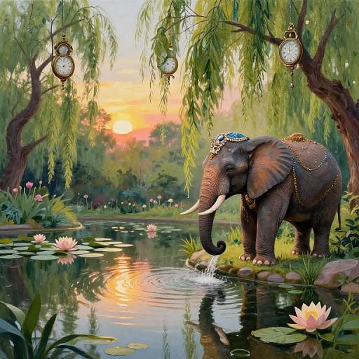 Photograph of an adorned elephant with jeweled headgear, standing in a serene pond at sunset, surrounded by lily pads and hanging clock ornaments,