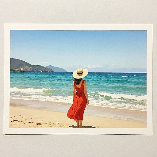 Photograph of a woman in a red dress and wide-brimmed hat walking on a sunny beach, facing the blue ocean and green hills under a