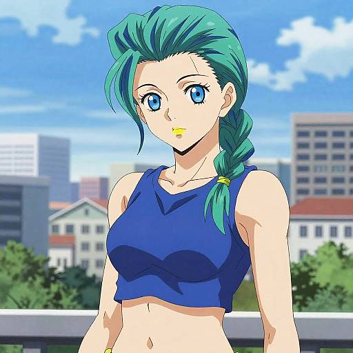 Anime-style digital drawing of a green-haired, blue-eyed woman with a braid, wearing a blue crop top, against a cityscape backdrop.
