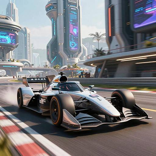 CGI image of a sleek, silver Formula 1 car racing through a futuristic city with neon-lit skyscrapers and holographic advertisements.