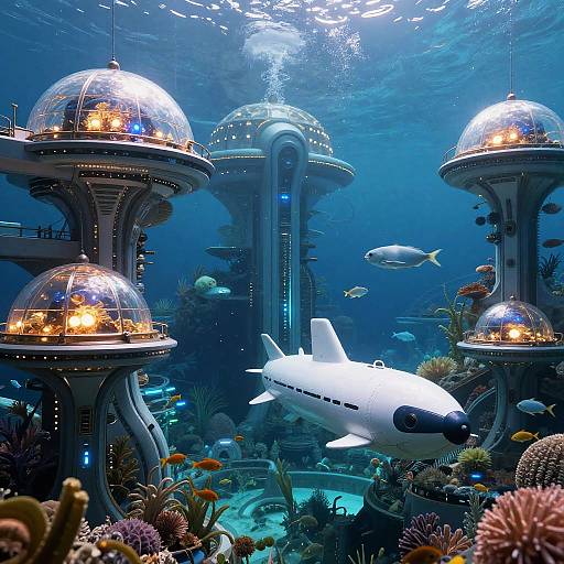 Photograph of a futuristic underwater scene with glowing dome-lit UFOs, a white spaceship, colorful corals, and various fish swimming amidst blue ocean