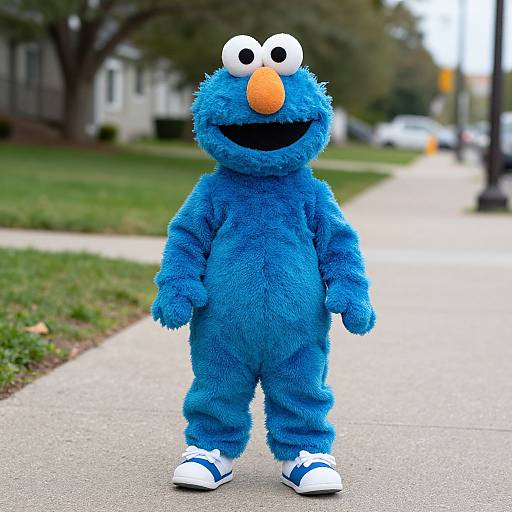 Photograph of a person in a blue Elmo-like furry costume with white shoes, orange nose, and black mouth, standing on a suburban sidewalk.