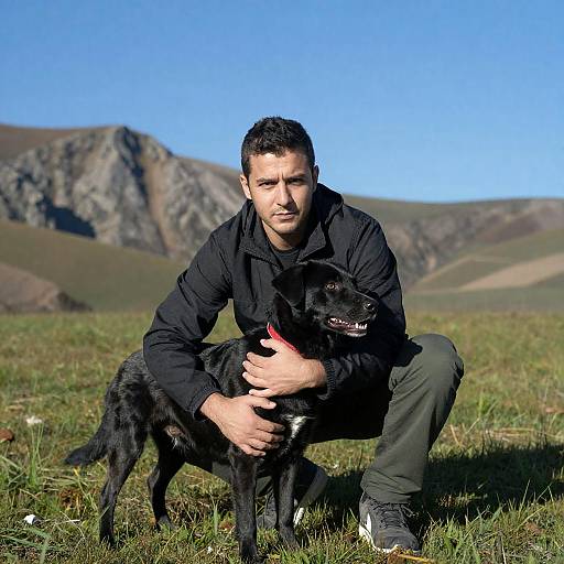Man with Black Dog on Grassy Hill