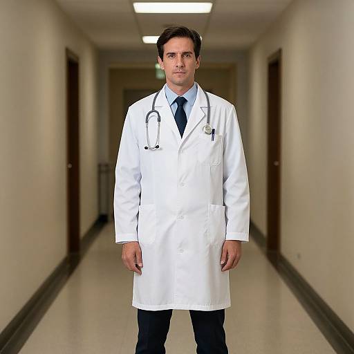 Photograph of a serious-looking male doctor with short dark hair, wearing a white lab coat, black tie, and stethoscope, standing in a