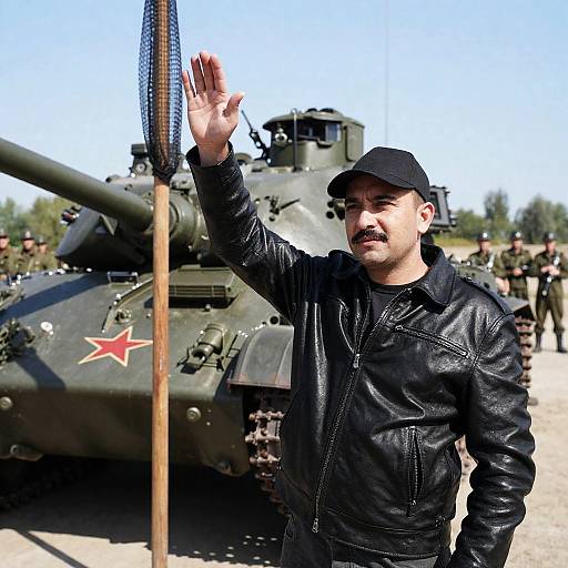 Man Gesturing by Military Tank Scene