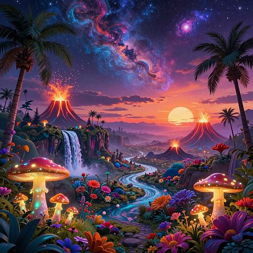 Vibrant digital painting: colorful alien landscape with glowing mushrooms, erupting volcanoes, cascading waterfall, winding river, vivid flowers, palm trees