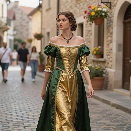 Medieval Woman in Green and Gold Dress on Cobblestone Street
