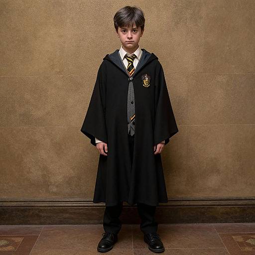 Photograph of a young boy with dark hair, wearing a black Hogwarts robe, grey shirt, striped tie, and black shoes, standing against a brown