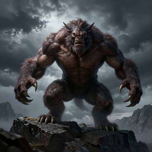 Digital artwork of a muscular, black-furred werewolf with sharp claws and glowing red eyes, standing on a rocky cliff under a stormy, moon