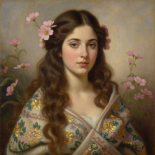 Digital painting of a young woman with long, wavy brown hair, pink flowers in her hair, and a floral-patterned shawl, set against