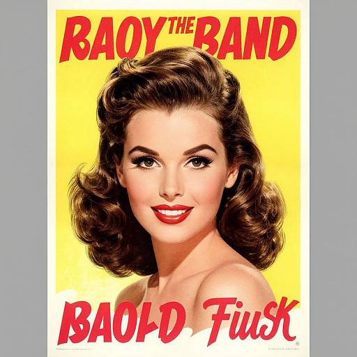 Vintage-style movie poster of a smiling brunette woman with red lipstick, wavy hair, and bold yellow background. Text reads 