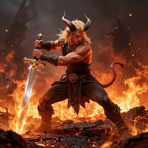 Blonde Tiefling Warrior on Fiery Battlefield