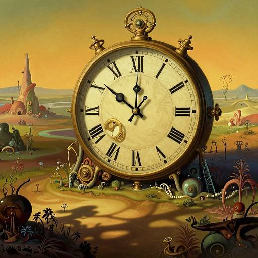Digital art of a giant, ornate clock with Roman numerals, surrounded by whimsical, surreal landscape with strange plants and buildings at sunset.