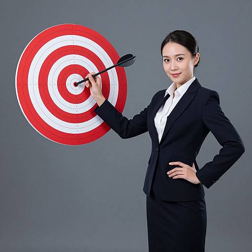 Photograph of a confident Asian woman in a black suit, white shirt, and black tie, standing, aiming at a red-and-white target with a