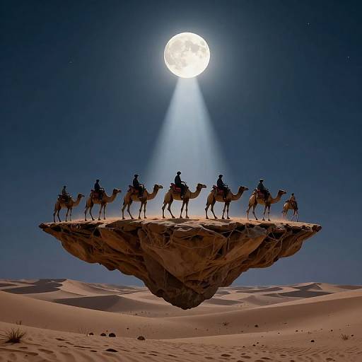Photograph of a silhouetted group of riders on camels standing on a floating rock under a bright full moon, with desert sand dunes
