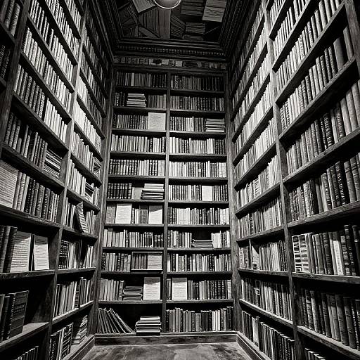 Black-and-white photograph of a tall, narrow library aisle with towering bookshelves filled with neatly arranged books on all sides.