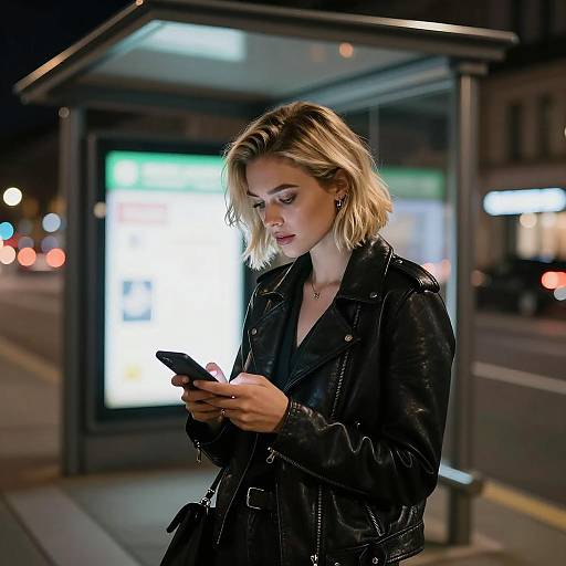 Blonde Woman Using Phone at Night Bus Shelter