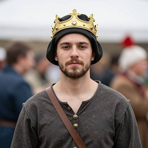 Photograph of a bearded man with fair skin, wearing a black medieval-style hat with a gold crown, gray shirt, brown strap, and blurred