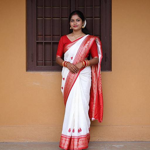 Photograph of an Indian woman in a white and red sari, red blouse, gold earrings, and red bangles, standing against an orange wall