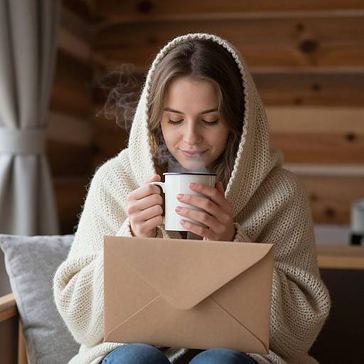 Photograph of a smiling woman with brown hair, wearing a beige knit hoodie, holding a steaming cup and brown envelope, seated in a wooden cabin