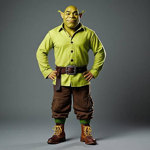 Man in Shrek Costume Standing on Grey Background