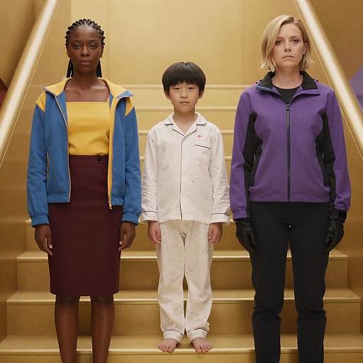 Three People Standing on Golden Staircase