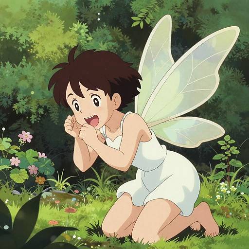 Anime-style drawing of a cute, brown-haired fairy girl with translucent wings, kneeling in a lush, green forest, wearing a white dress, excitedly