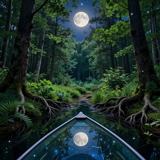 Photograph of a moonlit forest, viewed from a kayak. Full moon reflected in the calm water, surrounded by tall trees and lush greenery.