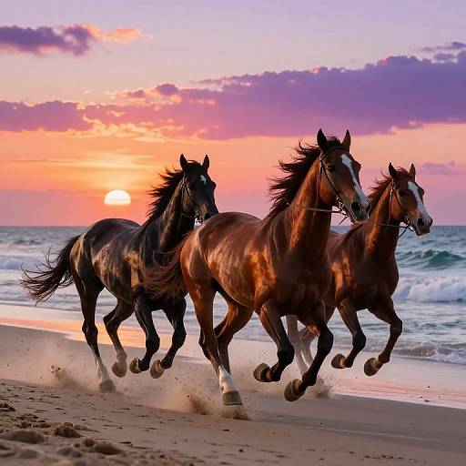 Photograph of three galloping horses with shiny coats, black and chestnut, on a sandy beach at sunset with a vibrant orange and purple sky