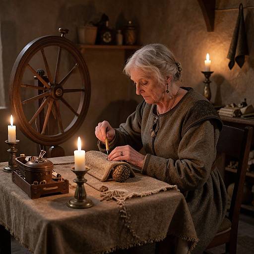 Photograph of an elderly white woman with gray hair, wearing a dark brown medieval-style dress, spinning wool by candlelight in a rustic, dimly