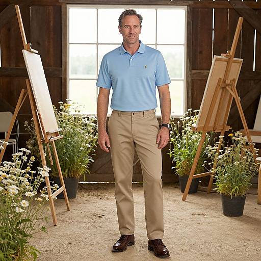 Photograph of a middle-aged man with short brown hair, light blue polo shirt, beige pants, standing between two easels with floral arrangements in a