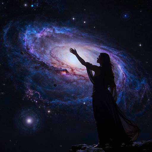 Silhouetted figure with outstretched arm against vibrant, glowing spiral galaxy in deep space, surrounded by stars. Digital artwork.