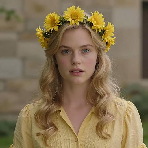 Young Woman in Yellow Flower Crown and Vintage Blouse