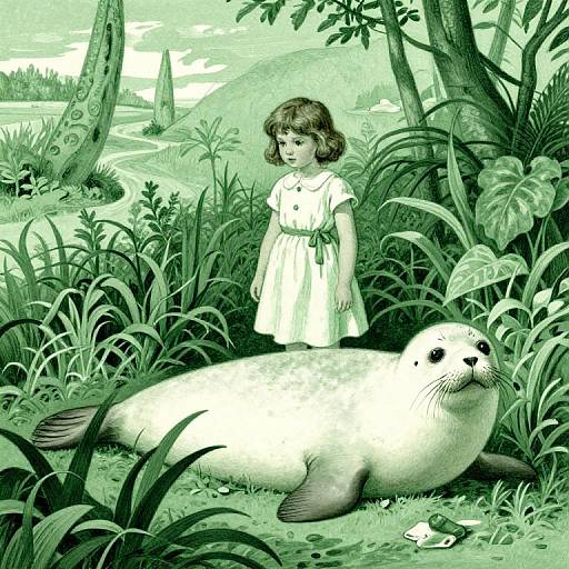 Monochromatic digital drawing of a young girl in a white dress standing beside a large seal in a lush, tropical forest.