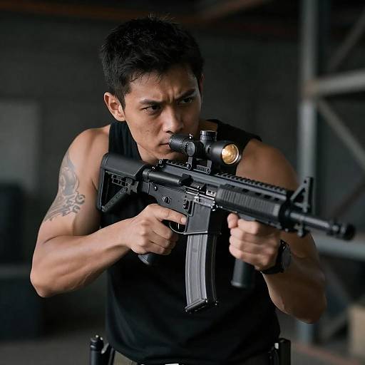 Man aiming with assault rifle scope